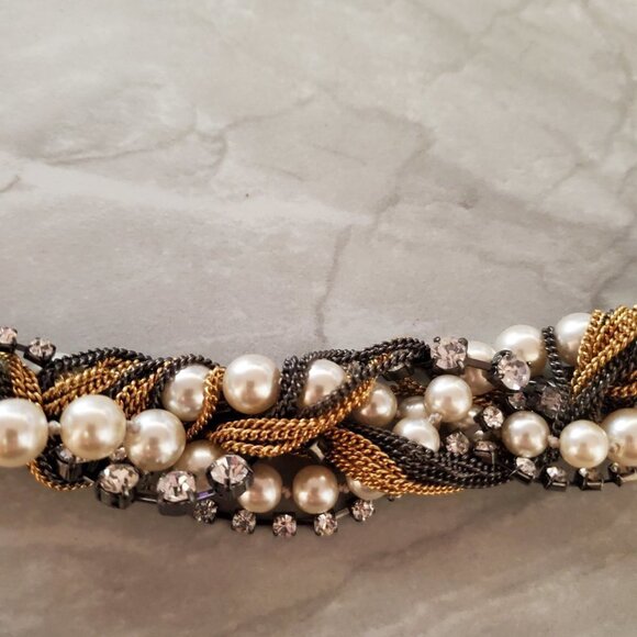 ✨ Vintage J.Crew Pearl Chain Twisted Rhinestones Crystals Statement Bracelet ✨ - Picture 3 of 12